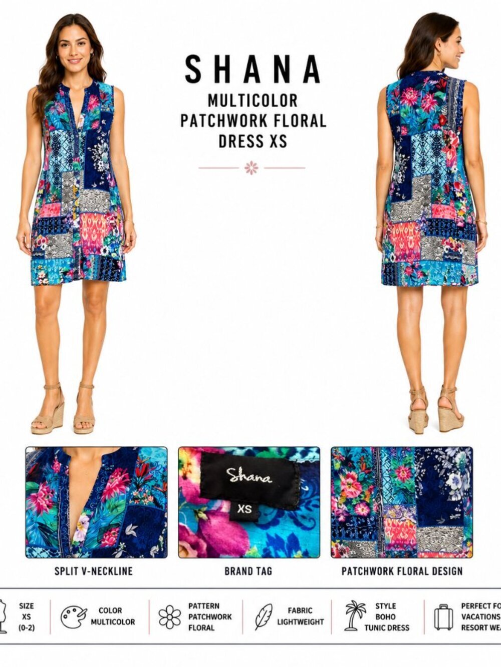 SHANA MULTICOLOR PATCHWORK FLORAL TUNIC DRESS XS